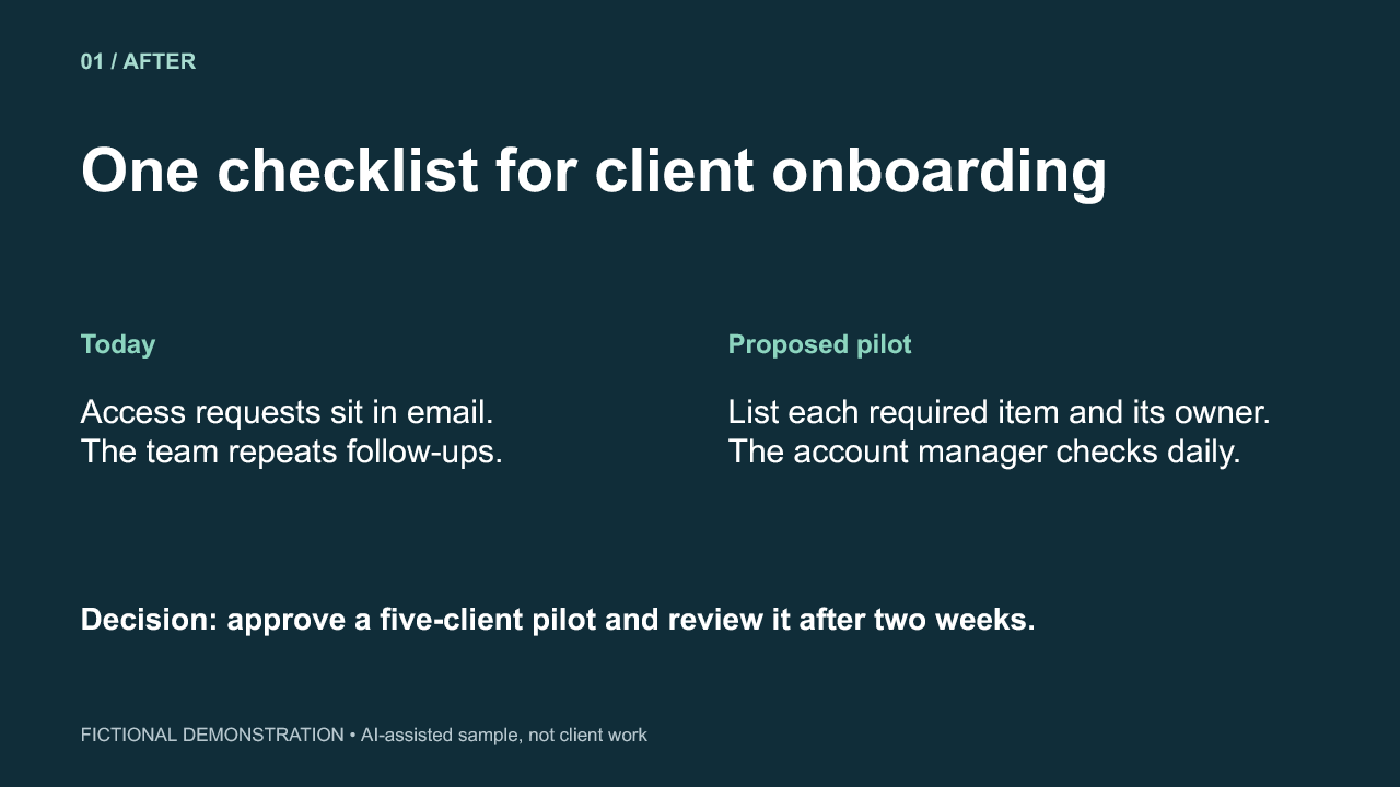Fictional redesigned onboarding slide with separate sections for the current process, proposed pilot, and approval decision.